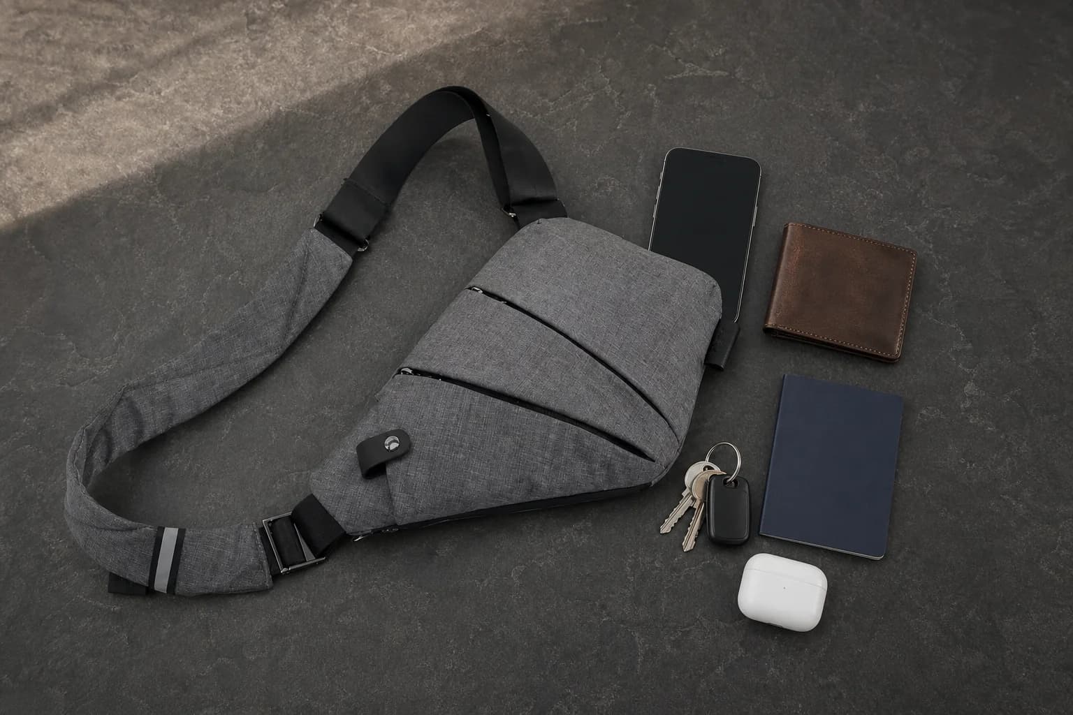 Gray VAYRO Travel Sling laid flat next to a phone, wallet, keys, passport and earbuds