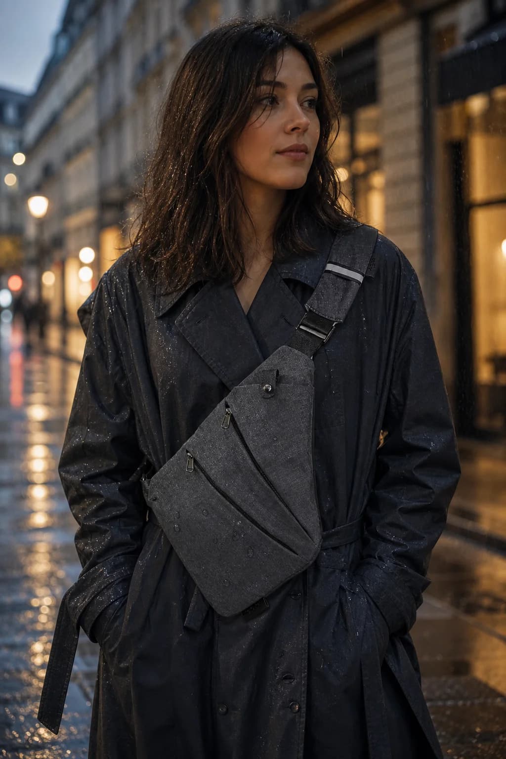 Traveler wearing the gray VAYRO Travel Sling on a rainy city street at night