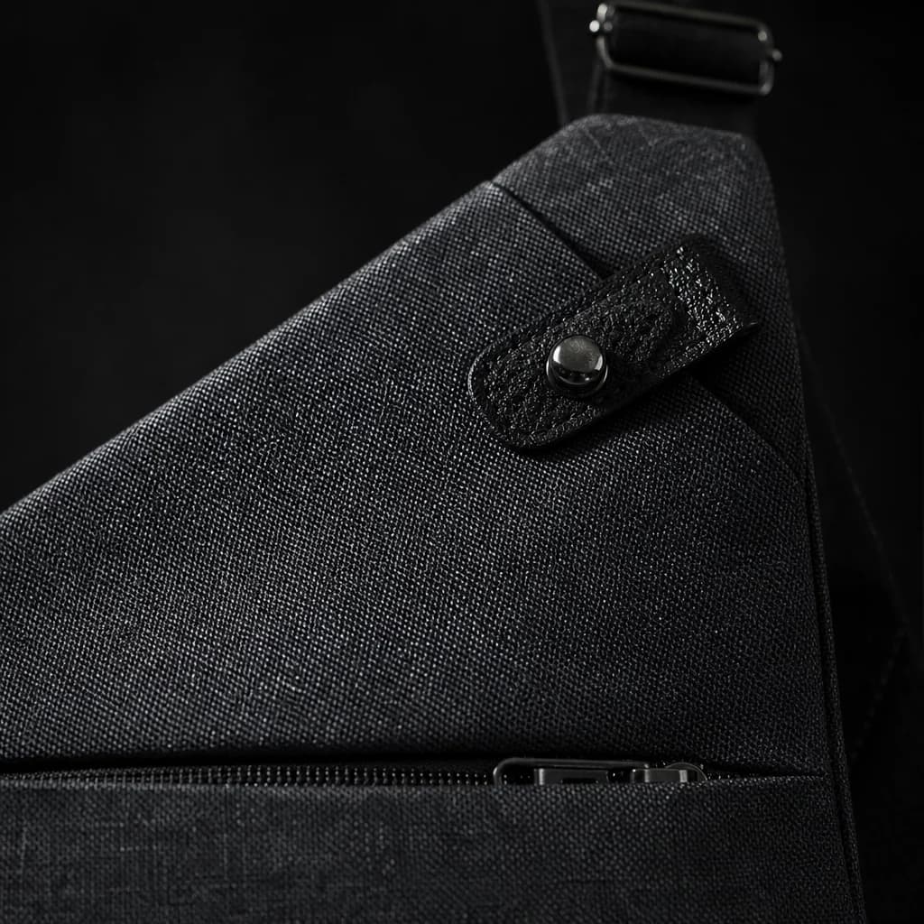 Close-up of the VAYRO Travel Sling's woven fabric, zipper and leather snap tab