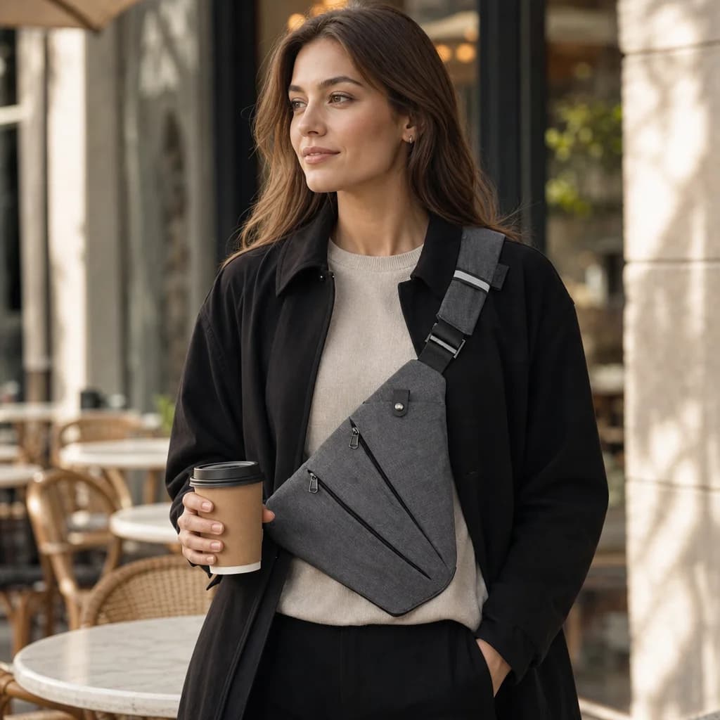 Woman wearing the gray VAYRO Travel Sling at a café terrace